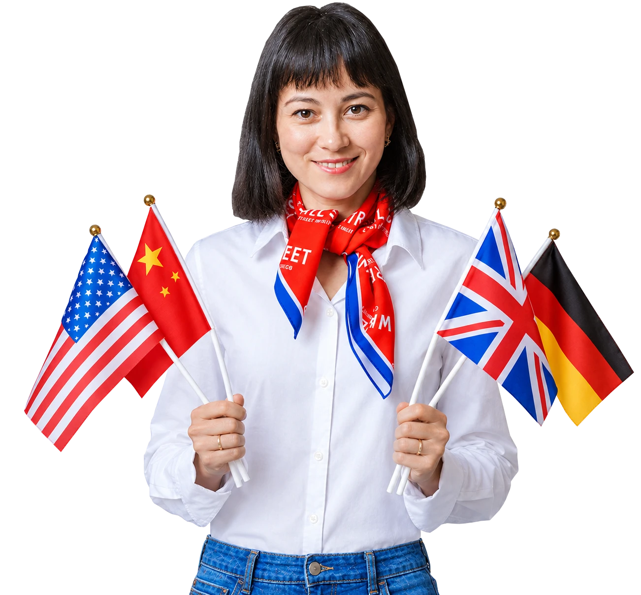 Преподаватель студии Speak-Today с флагами США, Китая, Великобритании и Германии
